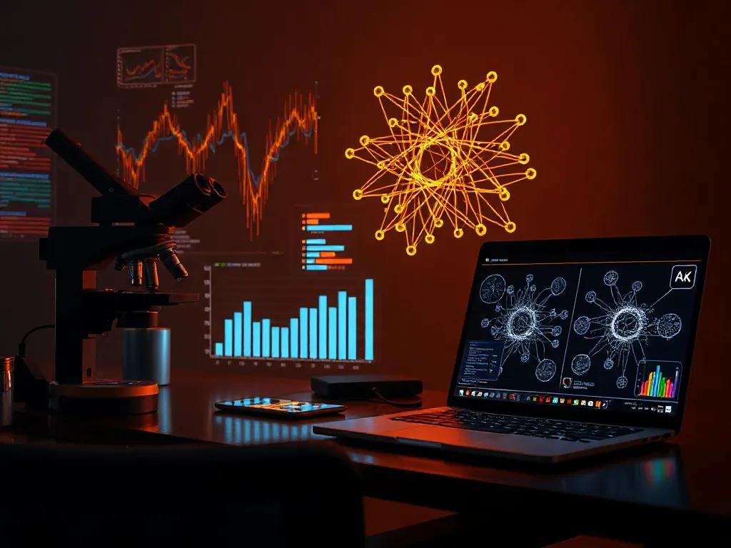 A futuristic laboratory desk with holographic data charts, a